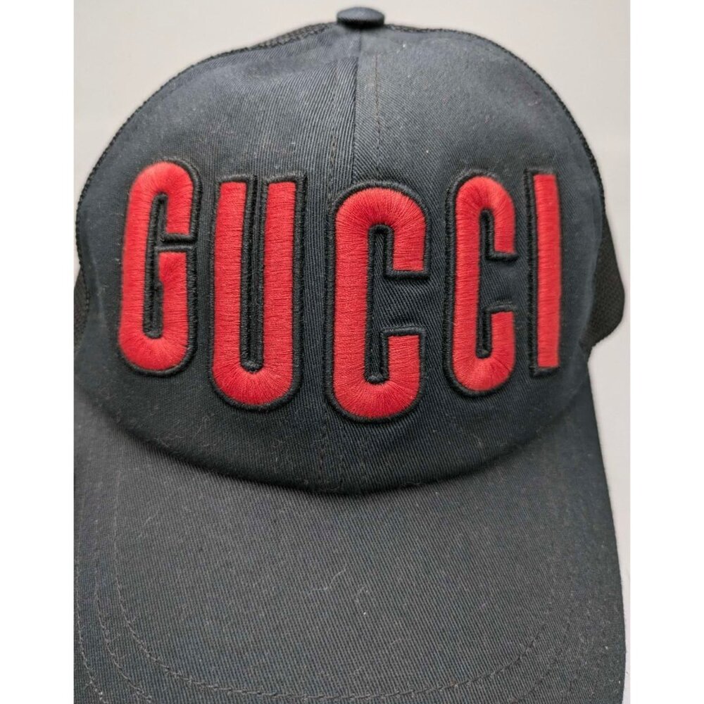 Gucci Embroidered Trucker Mesh Red Logo Cotton Hat Black 701324 - Picture 3 of 11